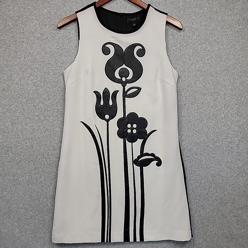 Victoria Beckham Black White Mini Sleeveless Floral Dress Applique Mod Sz L
